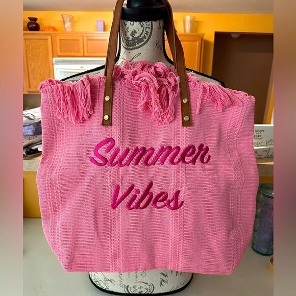 Summer Vibes pink fringe beach bag - Picture 1 of 6